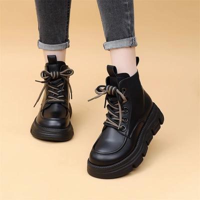 Кожаные ботильоны на платформе для женщин Весна Осень На шнуровке Ботильоны с круглым носком Женская короткая обувь Шикарные и элегантные Готика Y2k Ботинок