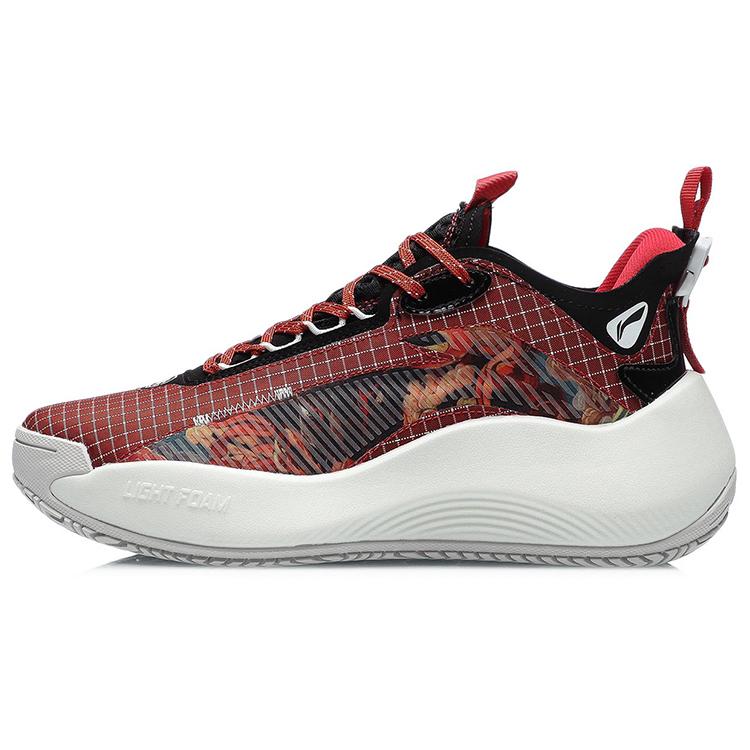 Li Ning BD5 Уличная подошва Скользкая Устойчивость Амортизация Низкие Баскетбольные кроссовки Женские Китайская живопись Красный AGBR002-2