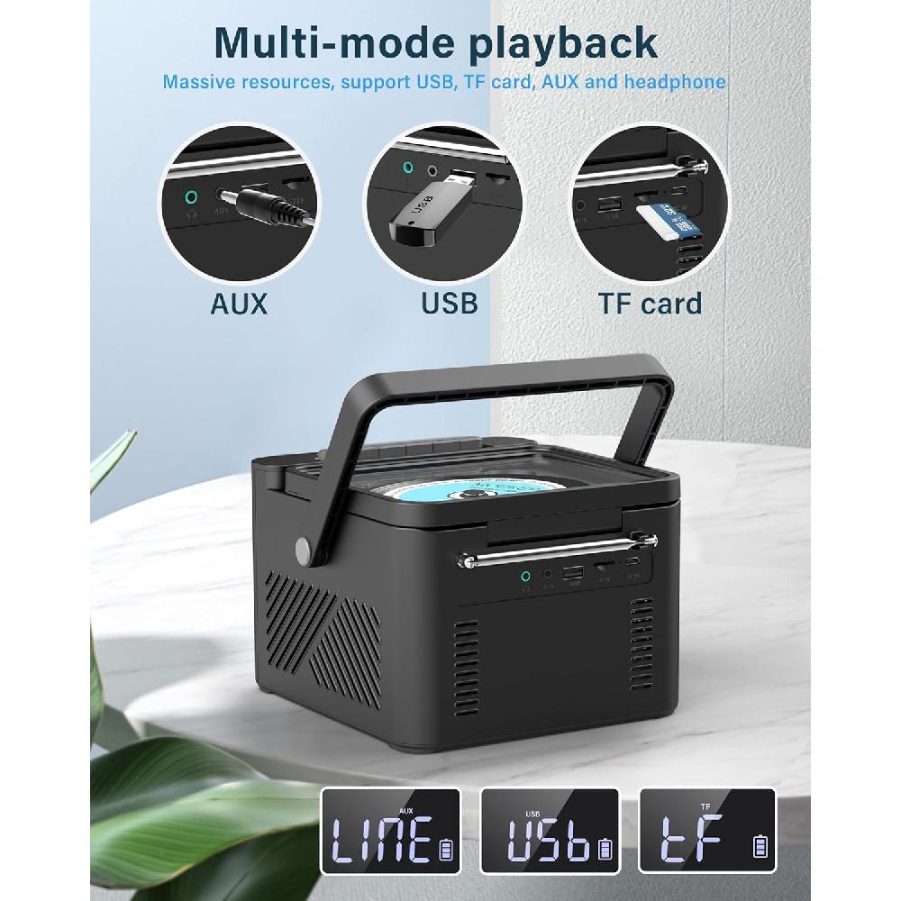 Boombox CD Player Portable with Cassette Player, Portable Radio with Bluetooth, Boom Box with Stereo Sound, Powered by 5000mAh Rechargeable Battery