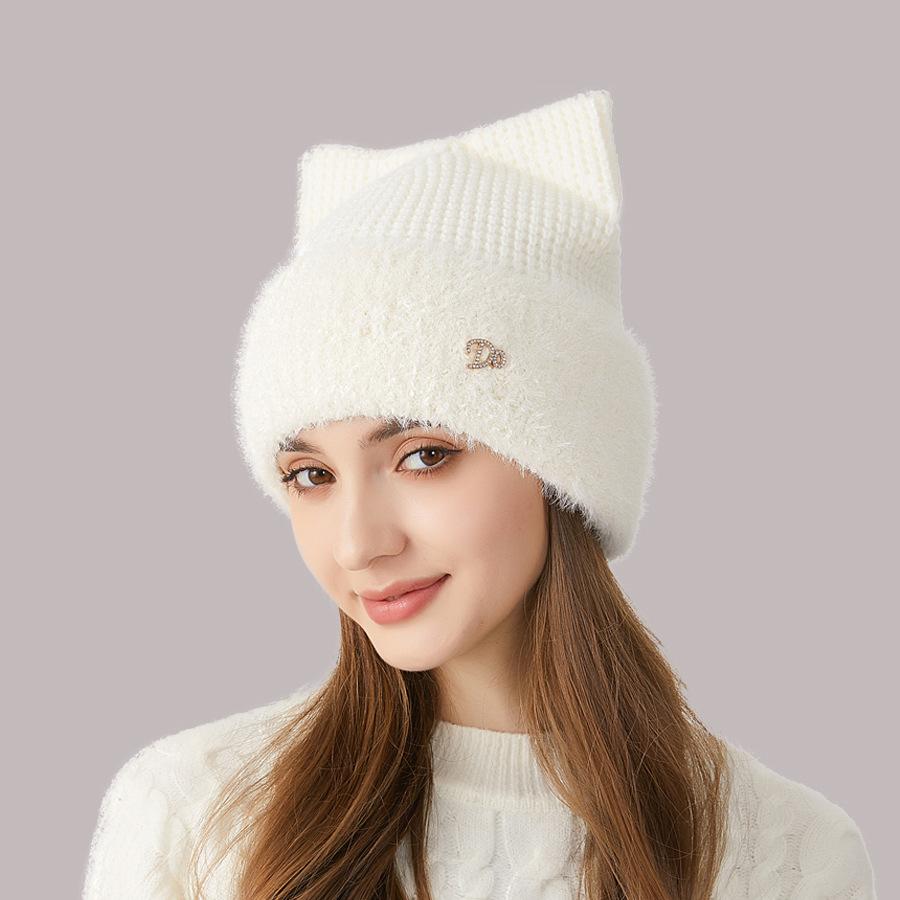 Женская зимняя вязаная шапка с кошачьими ушками, толстая защита ушей, однотонная шерстяная шапка с рукавами, шапочки с черепами