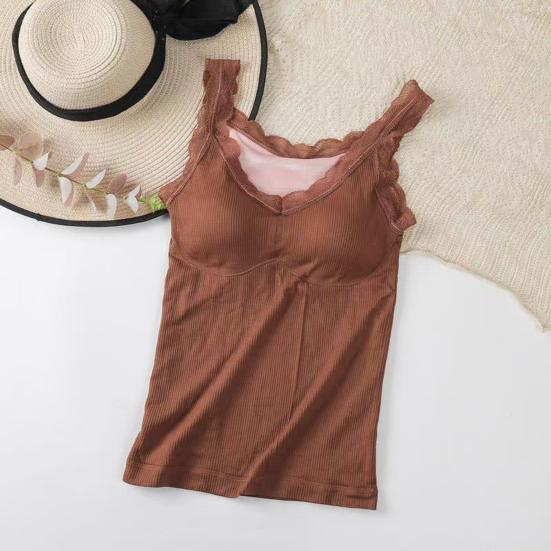Women Vest V-Neck Sleeveless Padded Underwear Vest Solid Color Lace Trim Elastic Bottom Vest Winter Daily Wear