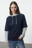 Женская модная стильная толстовка темно-синего цвета с блокировкой оверсайз, широкий крой с капюшоном и рукавами, детальная толстая вязаная толстовка