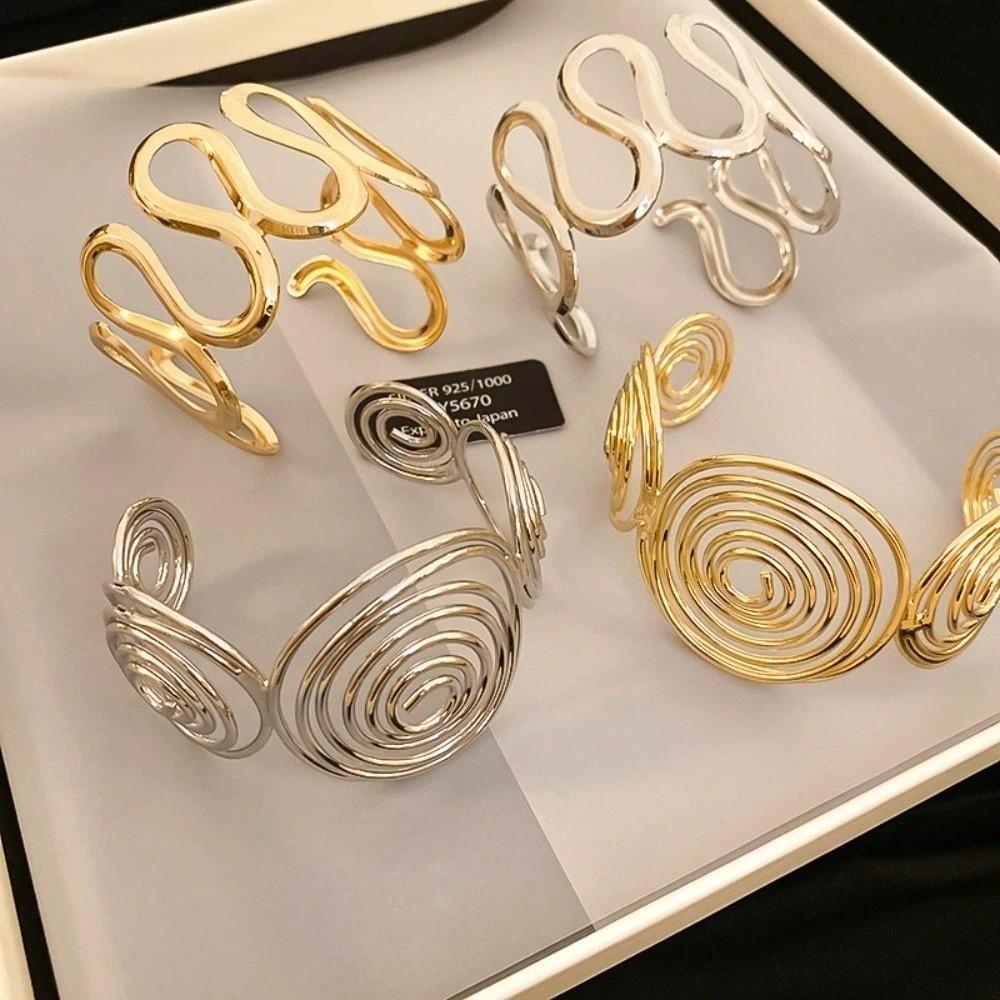 Metal Hollow-out Irregular Wide Bracelet Wave Opening Retro Hand Ring Gift