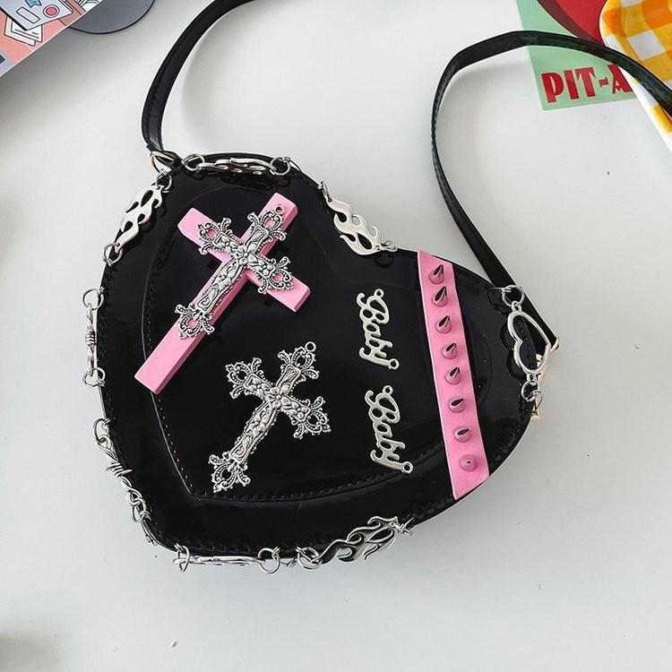 Trendy Black And Fuchsia Heart Shaped Casual Crossbody Bag With Unique Rivet Design