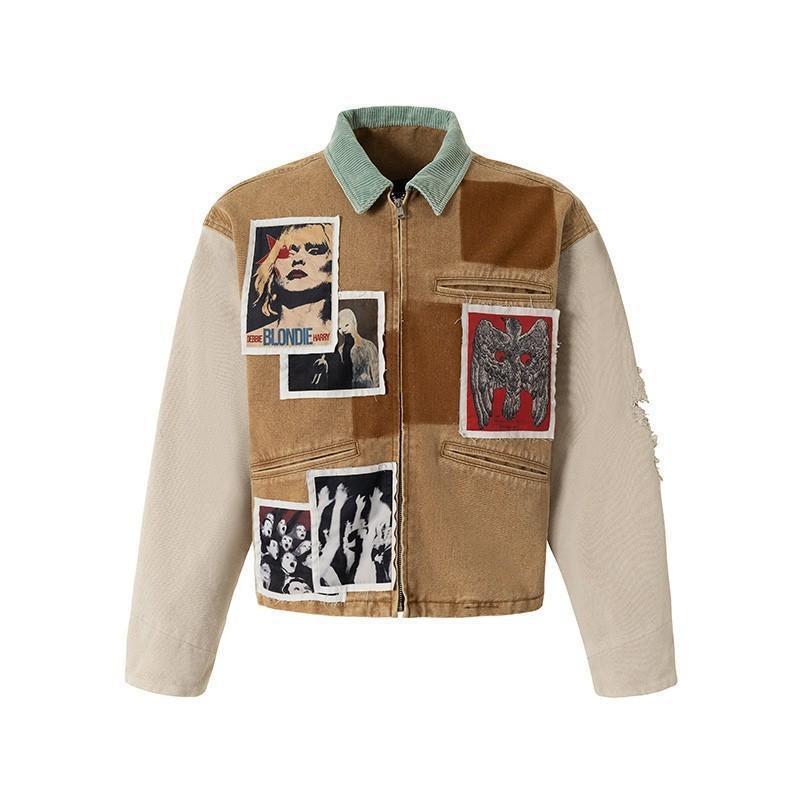 Mens Oversized Washed Vintage Workwear Jacket With Patch Detail Relaxed Fit Cargo Style Fall