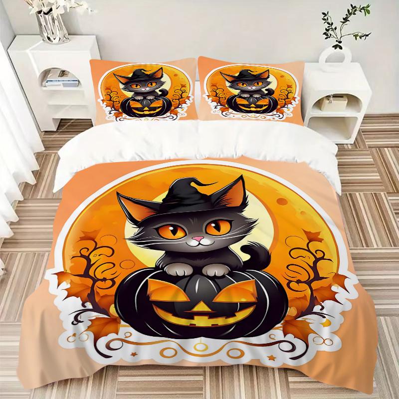3pcs Black Pumpkin and Cat Quilt Cover Set - Soft & Comfortable Polyester Fabric, All-Season Breathable Comforter Set For 1 Quilt Cover & 2 Pillo
