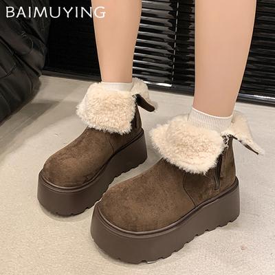 Ботильоны женские на меховой платформе, замшевые короткие, плюшевые, на среднем каблуке, хлопковые туфли, тренд 2025 года, теплые, удобные, на молнии, зимние ботинки для женщин