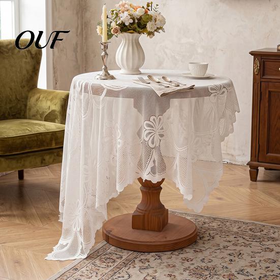 Retro Lace Overlay Vintage White Floral Tablecloth, Rustic Boho Table Cover, French Style Tablecloth Dining Cloth for Wedding Bridal Shower
