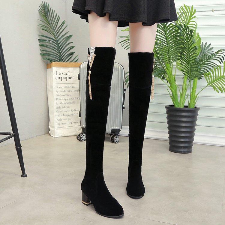 Spring, Autumn And Winter Boots Over The Knee, Thin High-Heeled Thick-Heeled Boots, Women'S V-Buckle Metal Chain
