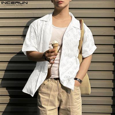 Летние мужские рубашки с короткими рукавами, кружевной вставкой спереди, прозрачные, свободного кроя