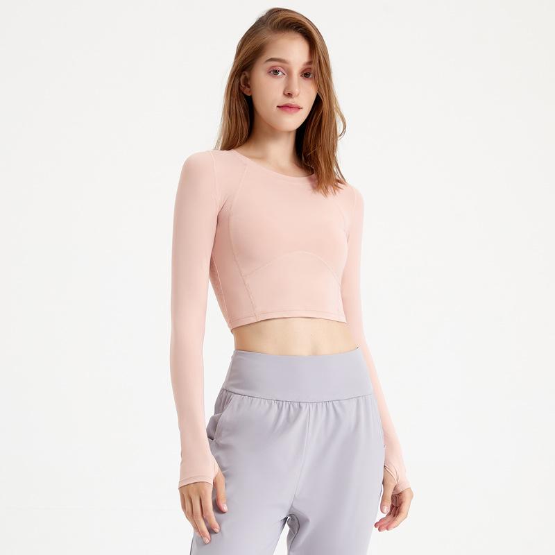 Осенний женский укороченный топ для йоги из какао-сетки с длинными рукавами