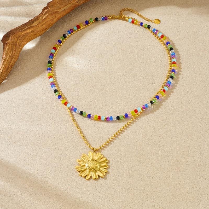 Gold Plated Stainless Steel Layered Rainbow Beaded Sunflower Pendant Necklace for Women