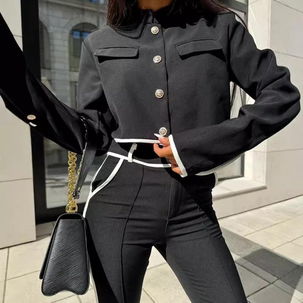 Autumn 2024 Women's Color Block Crop Top & High Waist Pants Set