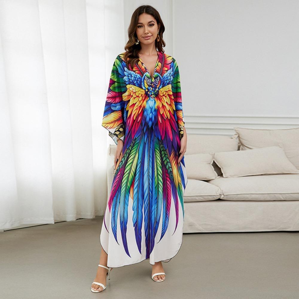 Women's Boho Cover Up, Plus Size Contrast Loose Fit Vacay Beach Kaftan Dress