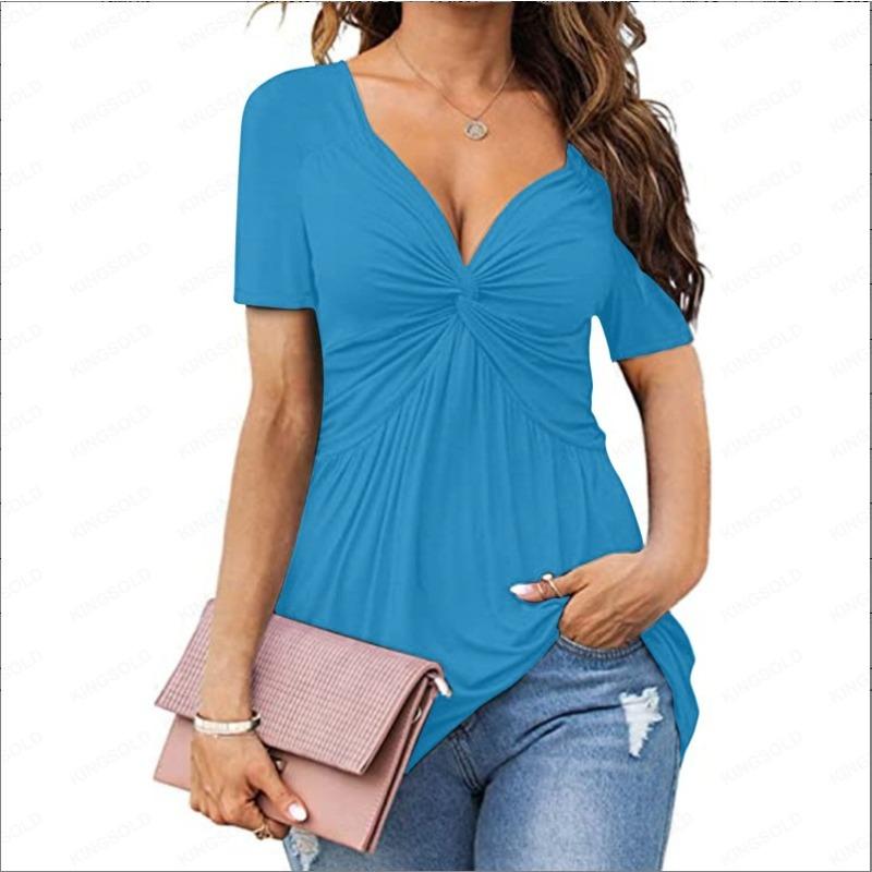 Women's V-neck Front Twisted Shirt Short Sleeved Elegant Casual T-shirt Solid Color Pullover Top Shirt