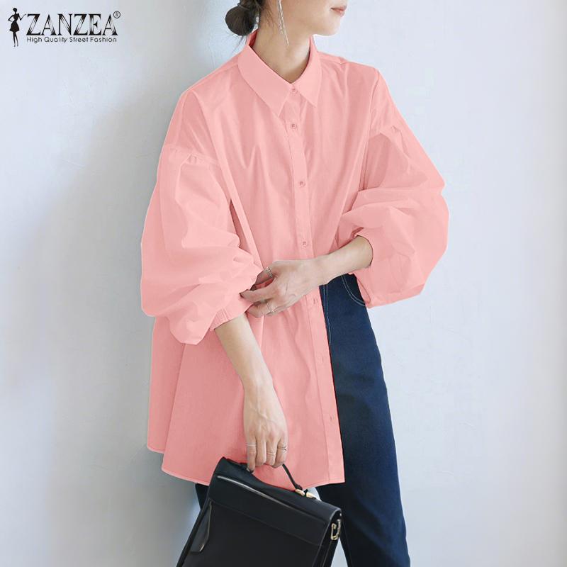 ZANZEA Женская блузка с отложным воротником, свободного кроя, с длинными рукавами на пуговицах
