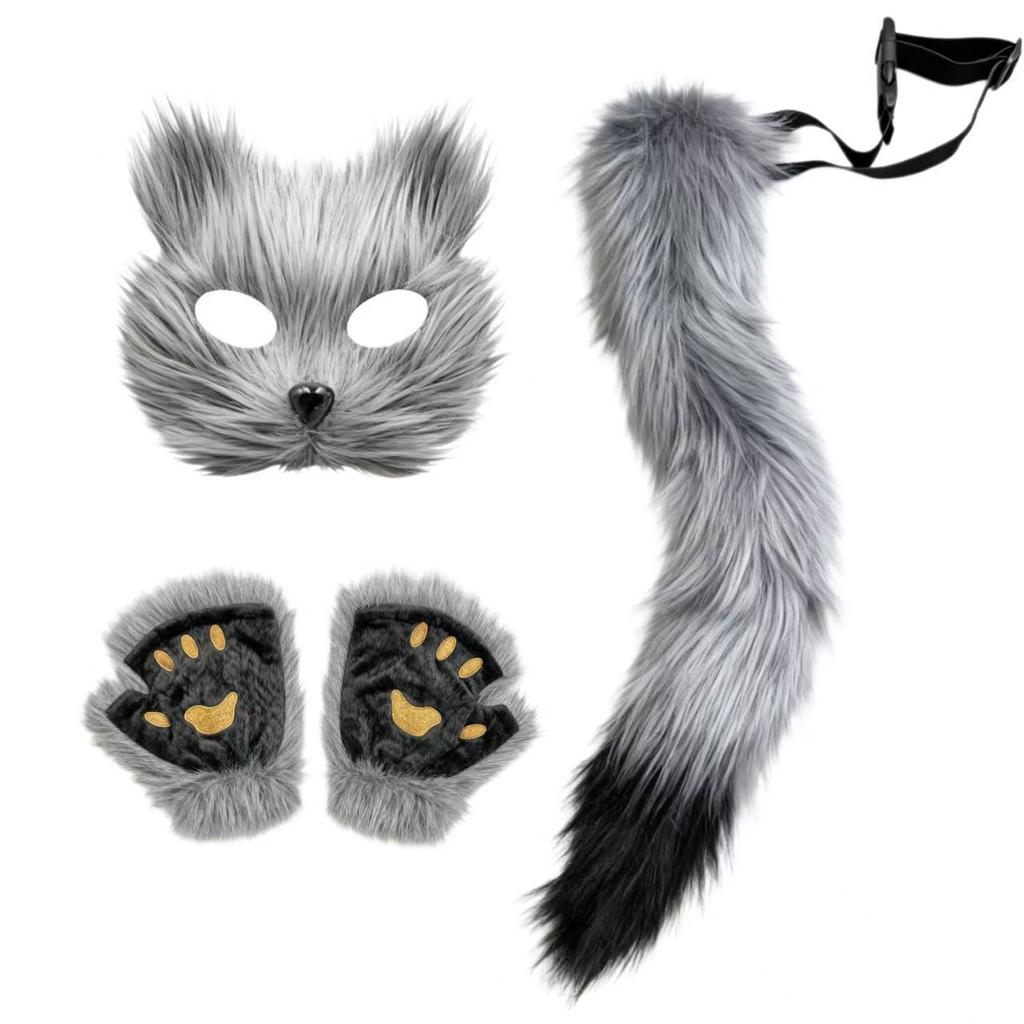 Factory Direct Cute Furry Red Panda Costume Set Mask Tail Paw Gloves for Halloween Party