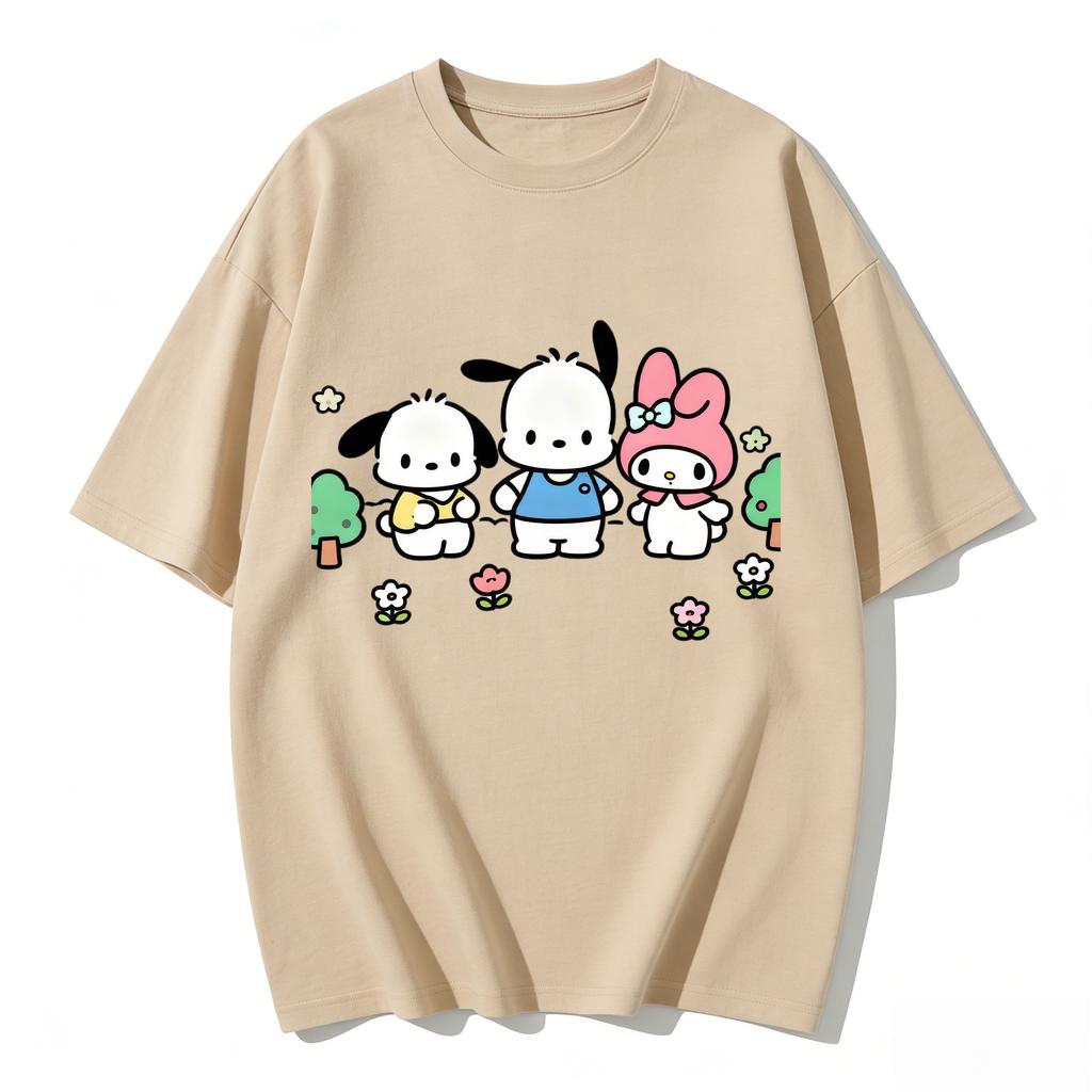 Summer Cute Pochacco My Melody Print Tshirt Casual Short Sleeve Tees for Mom and Daughter Sweet Family Matching Outfits Fashion