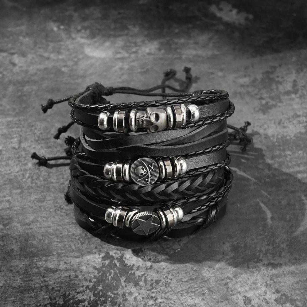 Череп Пират Кожаный Браслет Звездный Узор Плетеные Металлические Ювелирные Изделия В Стиле Рок