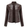 Women's Slim Fit Casual Leather Jacket with Stand Collar - Solid Color Spring/Autumn Outerwear