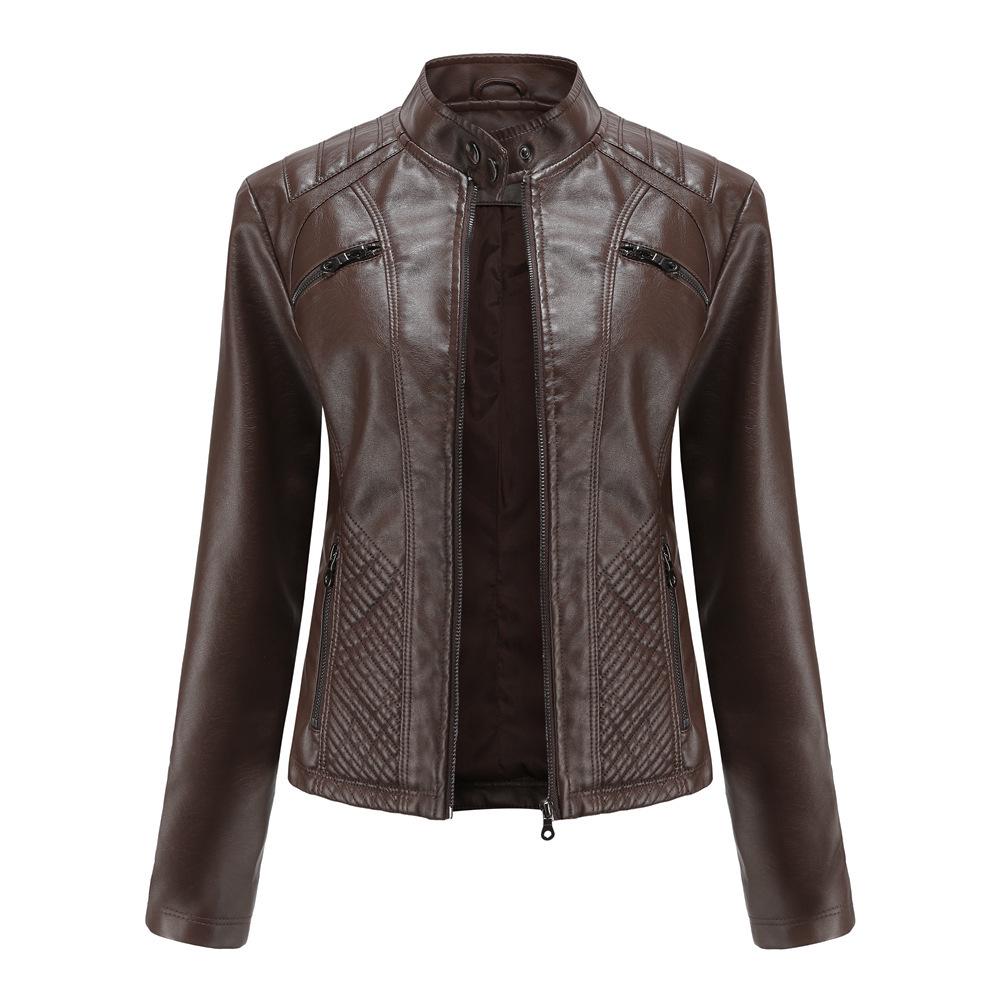 Women's Slim Fit Casual Leather Jacket with Stand Collar - Solid Color Spring/Autumn Outerwear