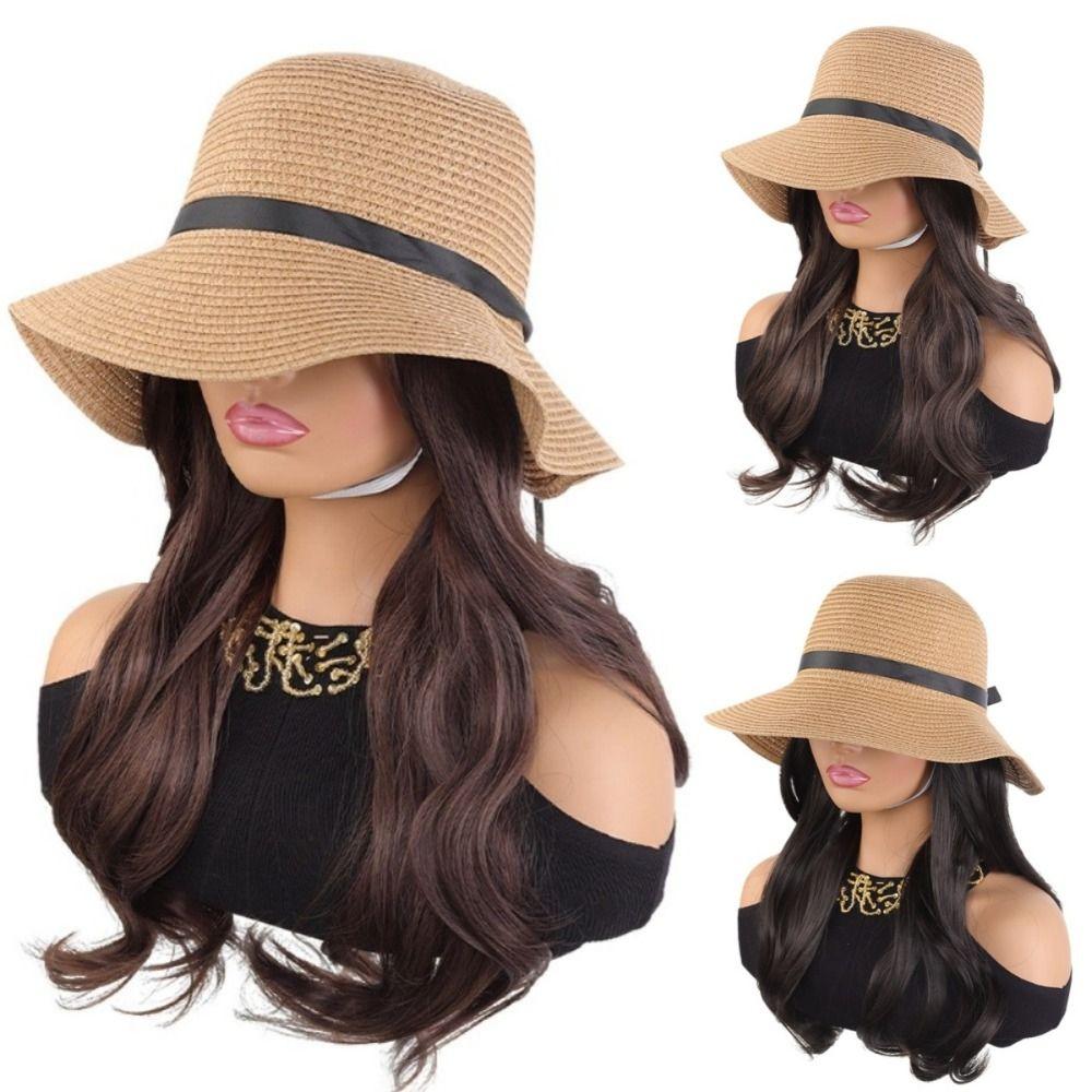 Wide Brim Fisherman Hat with Built-in Wig Sun Protection Long Wavy Curly Hair Vacation Accessory