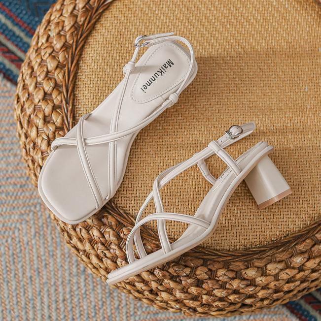 Fashion Designer Narrow Band Women Sandals Thick High Heels Gladiator Sandalias Mujer Soft Leather Zapatos De Tacón Mujer 2025