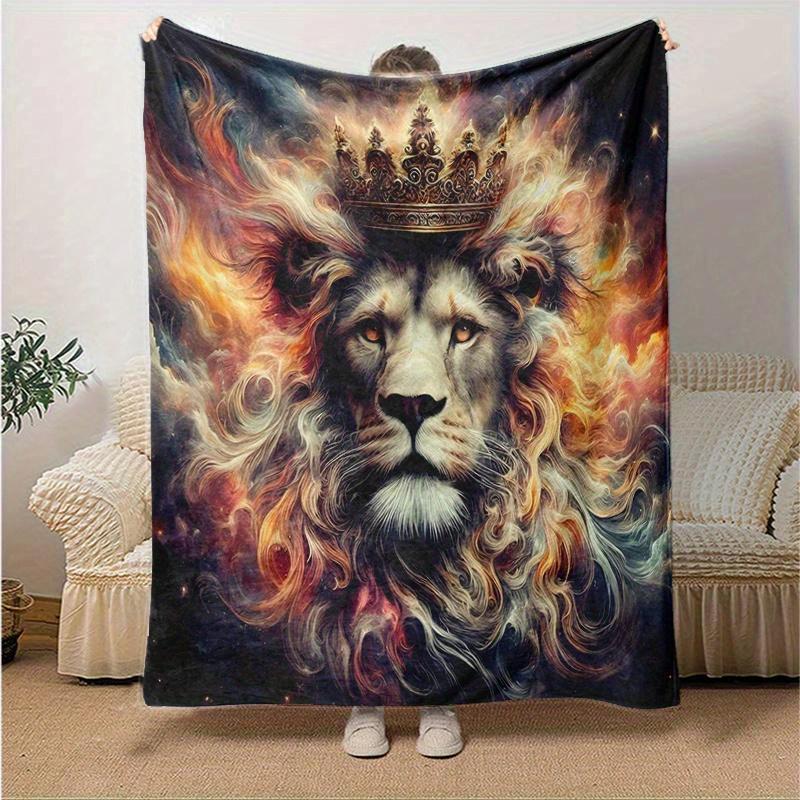 1pc Lion's Crown Amidst Celestial Flames Blanket Seasonal Universal Home Decorative Throw, Living Room, Travel, Camping, Car Blankets