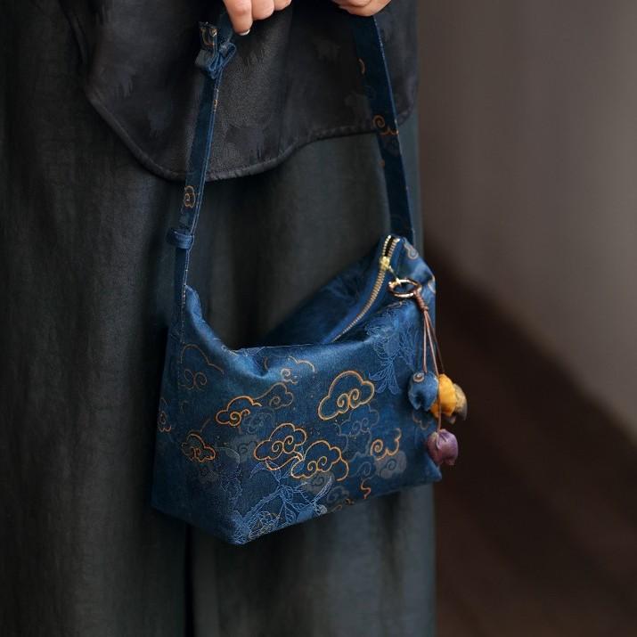Original Xiangyunsha Shoulder Bag - Song Brocade Retro Lunch Box Purse,  Chinese Style Minimalist Designer Handbag