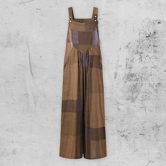 Sleeveless Square Collar Jumpsuit Pockets Wide Leg Ankle Length Retro Plaid Pattern Suspender Playsuit Streetwear