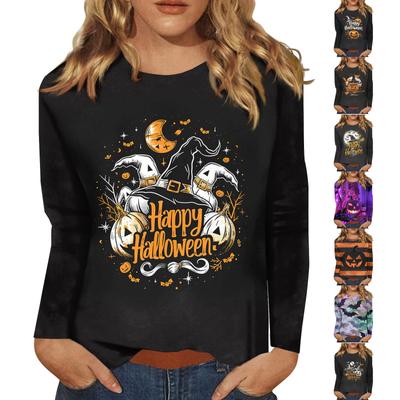 Женская модная повседневная футболка с круглым вырезом и длинным рукавом с принтом, топ