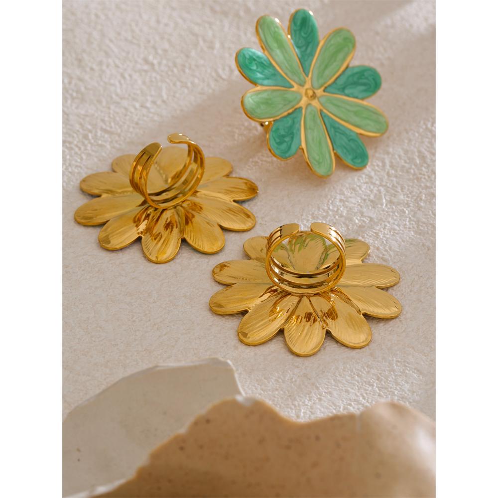 Eetit Trendy Colorful Enamel Flower Y2K Golden Ring for Women Summer Daily Stainless Steel Trendy Adjustable Finger Jewelry Gift