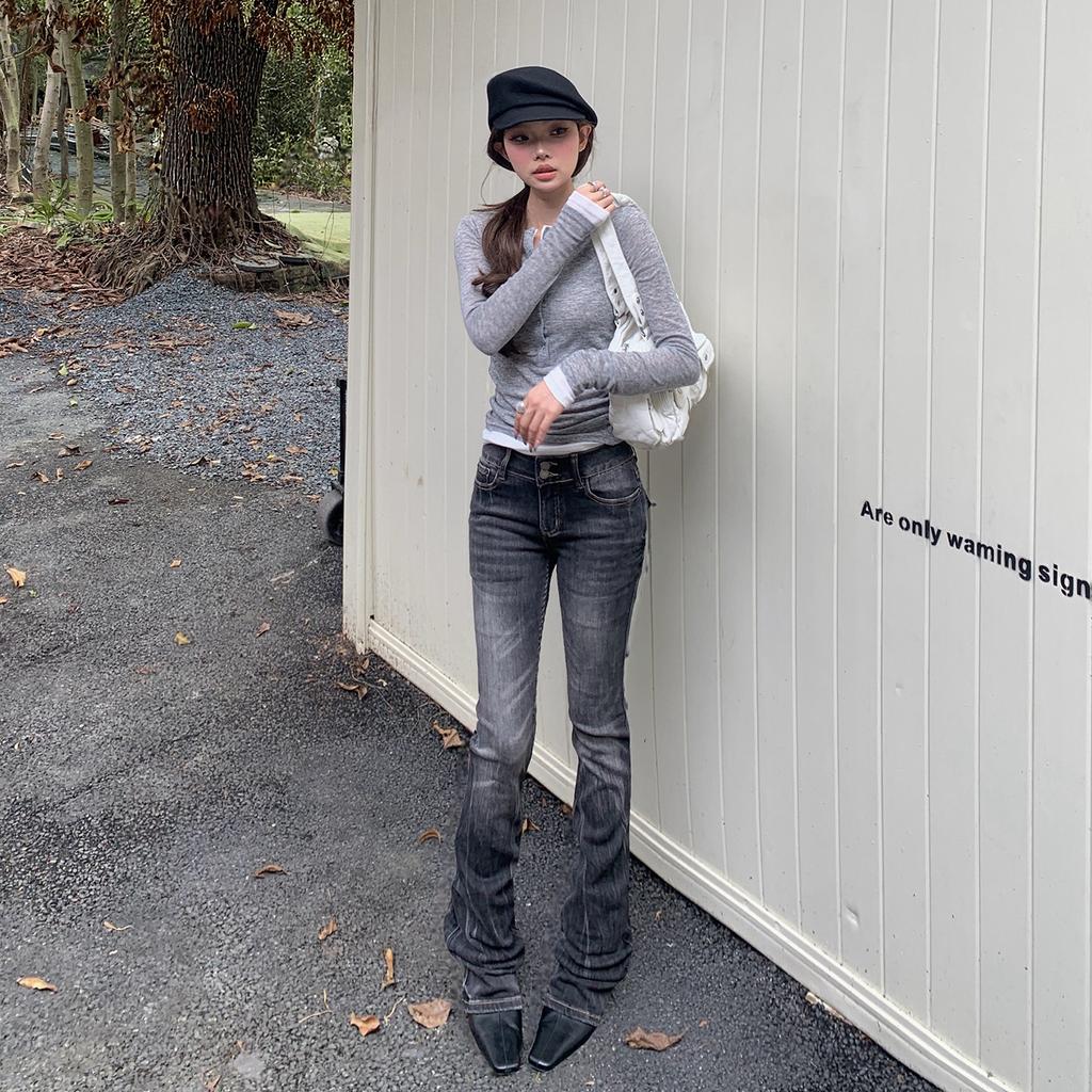 American Spice Girl low-rise micro-pull jeans women's autumn and winter new elastic and thin versatile horn floor pants