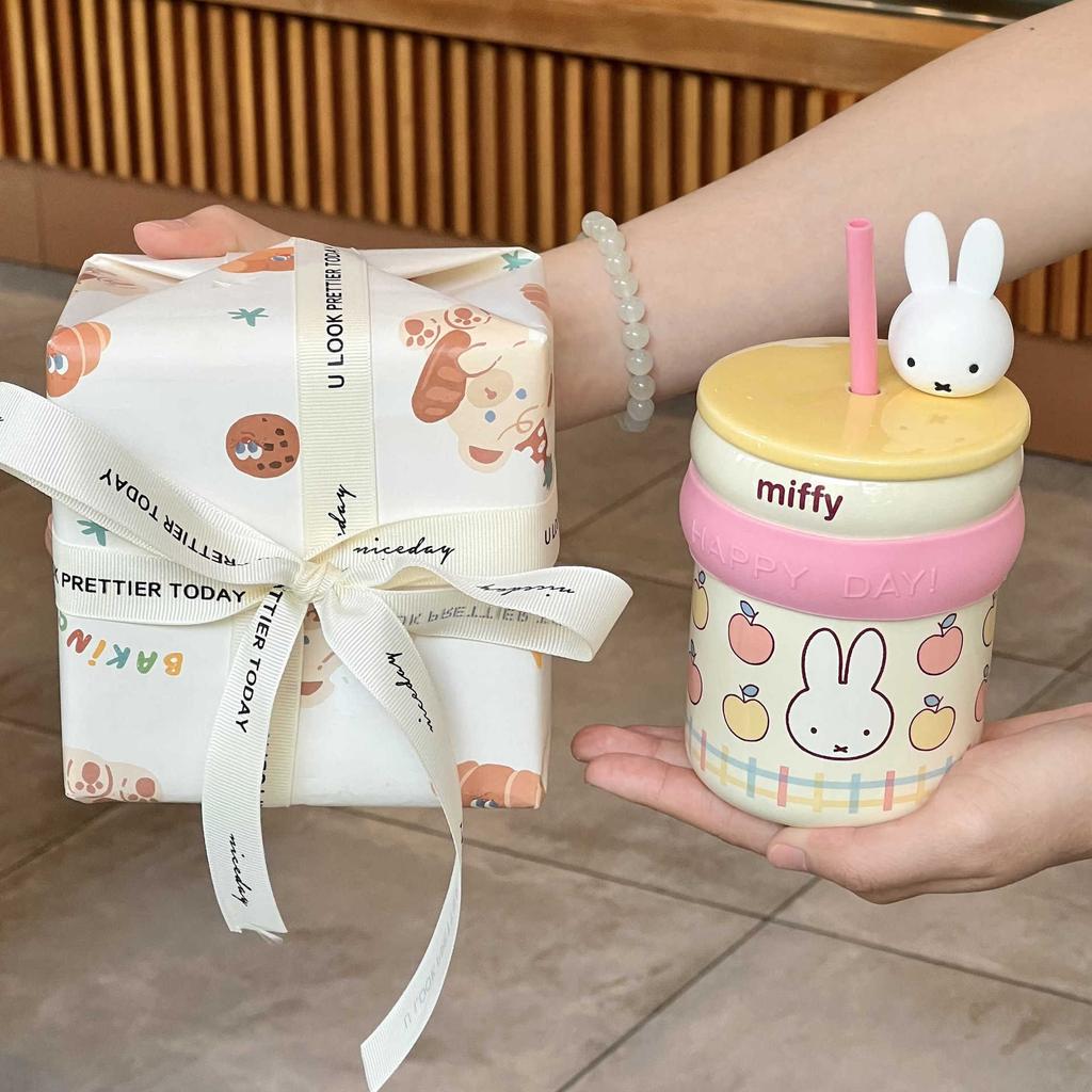 Подарок на день рождения Миффи Кролик Соломенная чашка для воды для девочек Керамическая кружка с крышкой Офисная кофейная чашка Сувенирный подарок