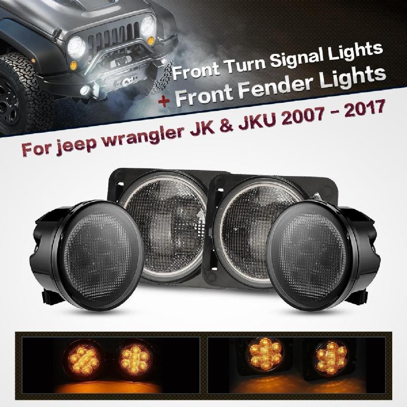1/2Pair Car Front Bumper LED Fog Light Grille Light Turn Signal Side Marker Light Fender Lamp Kit for Jeep Wrangler JK