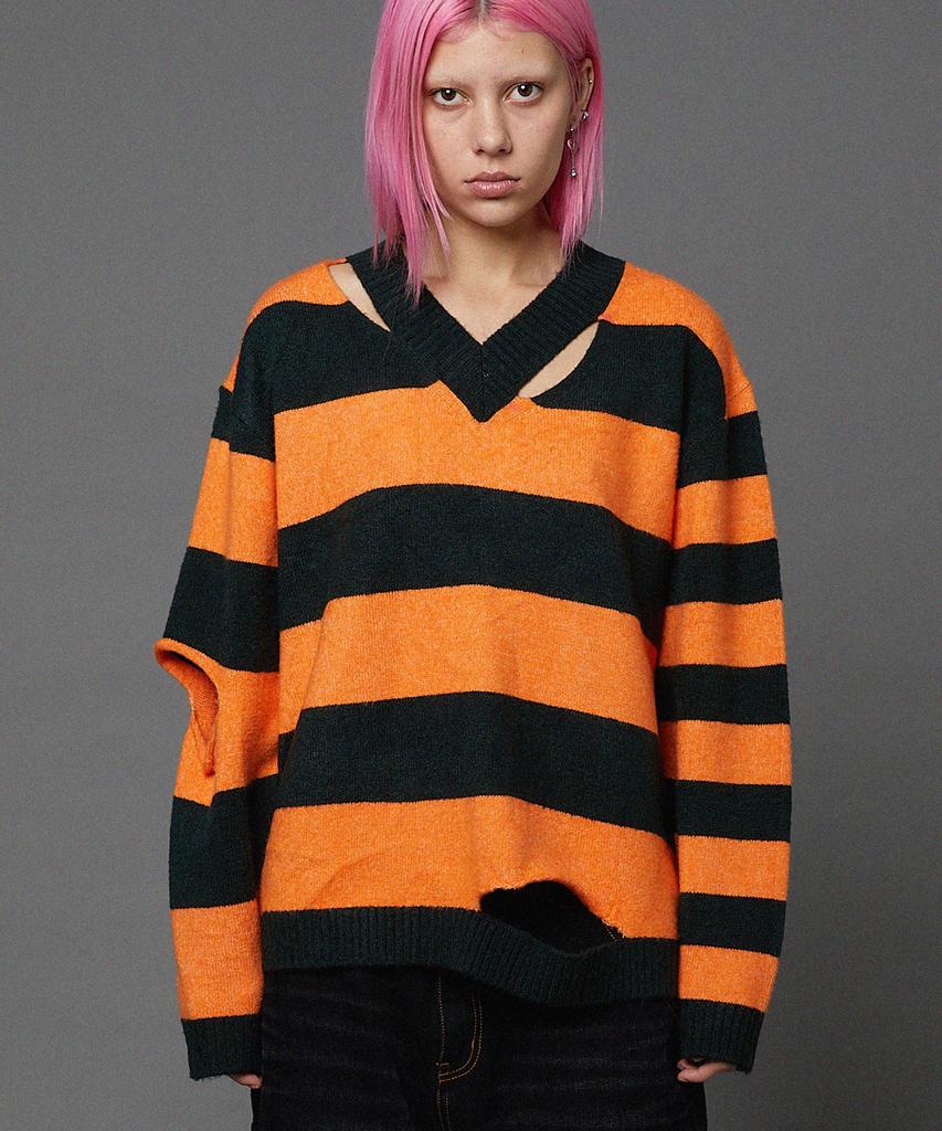 HOODHOOD Striped Cutout V-Neck Knit Orange