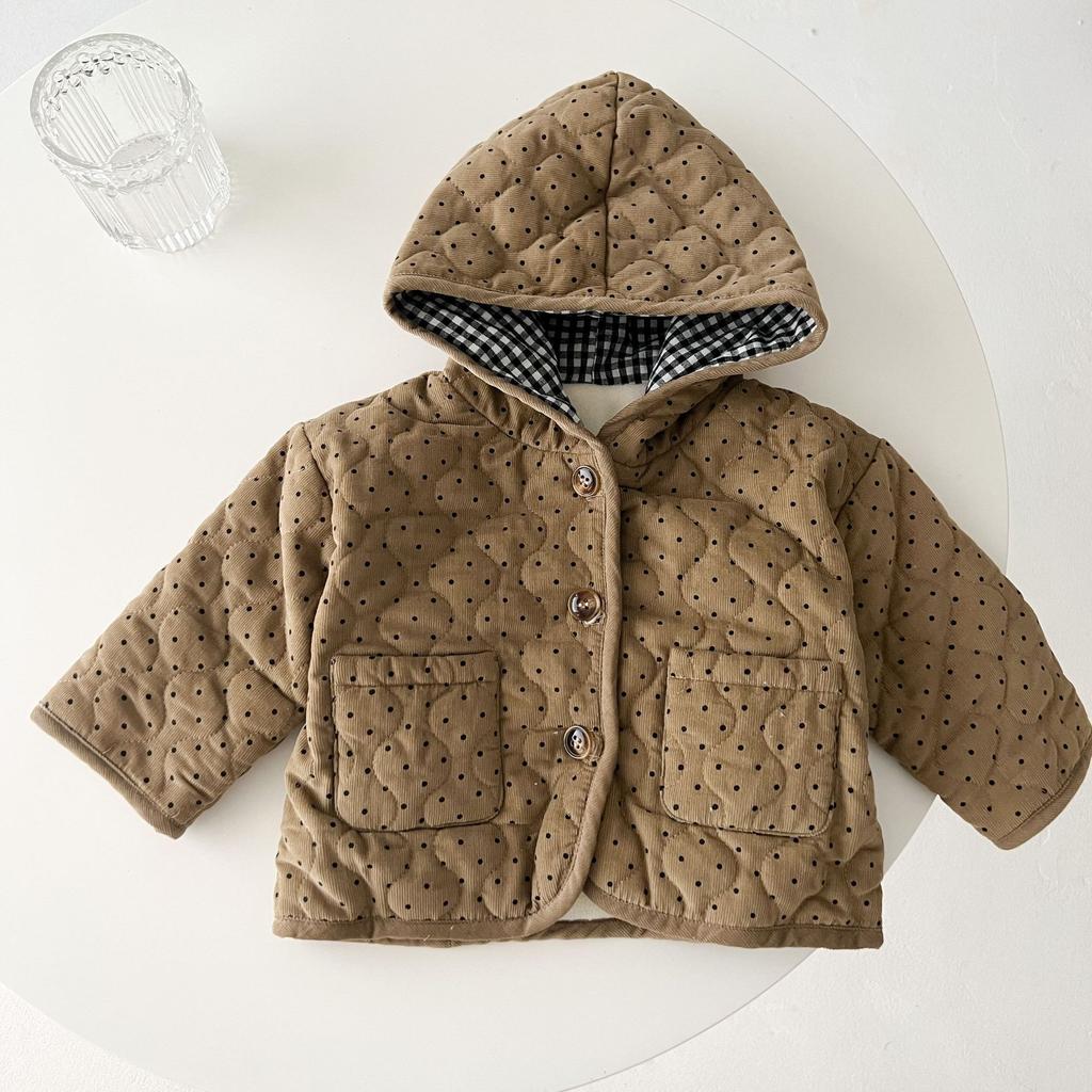 Children's Cotton-padded Coat 2024 Winter Infant Baby Polka Dot Corduroy Thickened Hooded Cardigan Cotton-padded Jacket