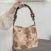 Летняя коричневая жаккардовая сумка подмышкой в стиле ретро, новая сумка-ведро на одно плечо в китайском стиле с деревянными бусинами и плетеной цепочкой для женщин