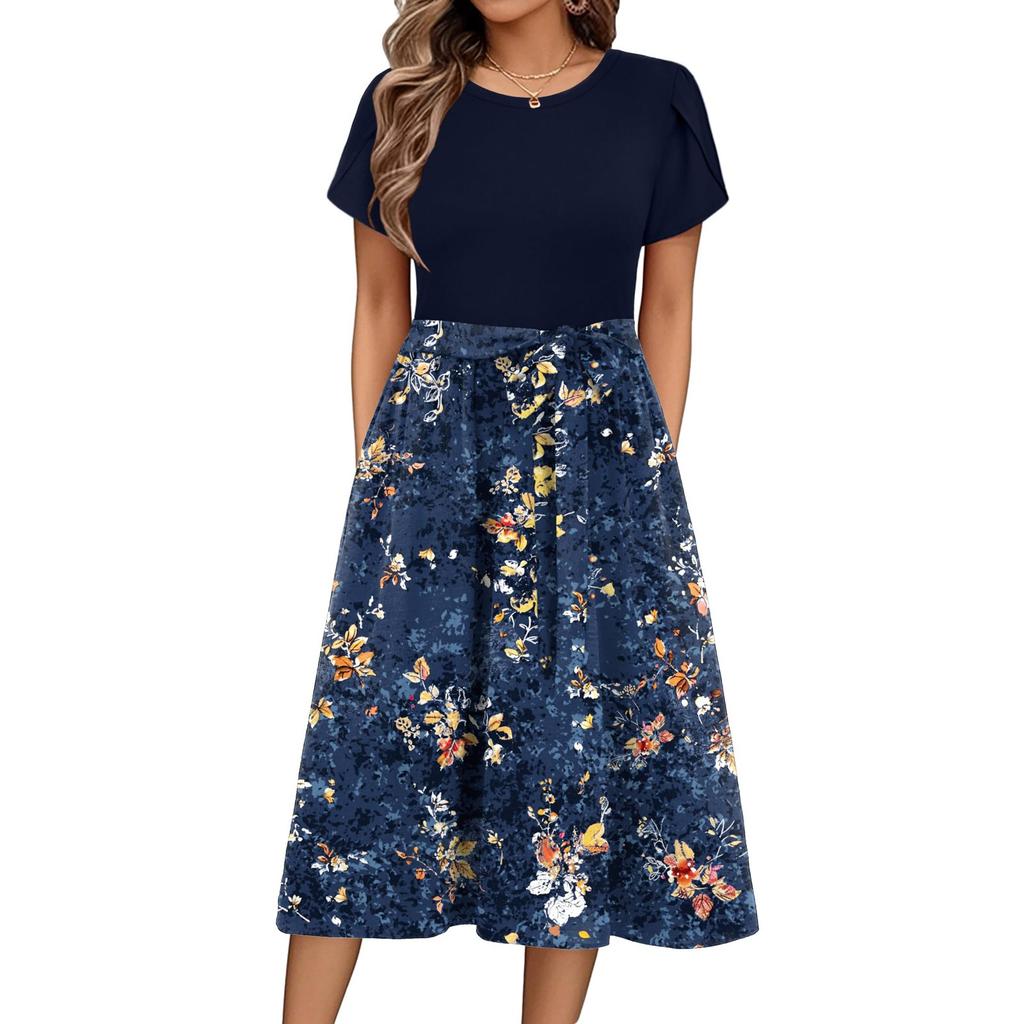 Женское повседневное платье миди с милым узором и круглым вырезом, классическое повседневное свободное платье с коротким рукавом