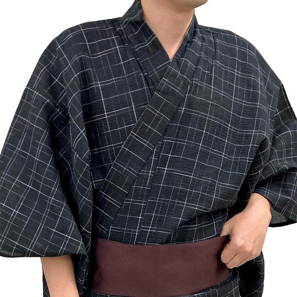 Мужской комплект юката из двух предметов Kyoto Kimono Yuzen, ткань шиджира, черный, с квадратным поясом оби на липучке (Черный, Л)