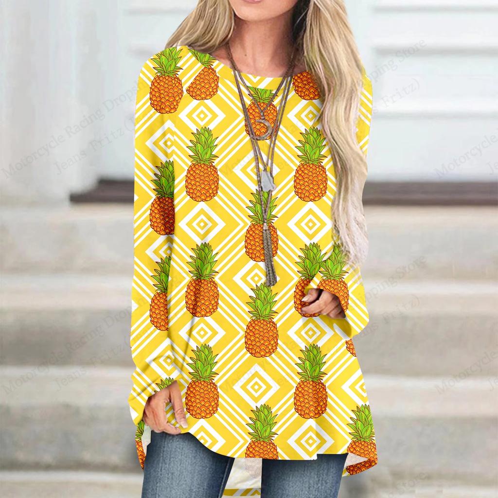 Новая женская футболка с забавным рисунком ананаса, 3D-принт, женская мода, повседневная, с круглым вырезом, с длинным рукавом, футболки, женская одежда