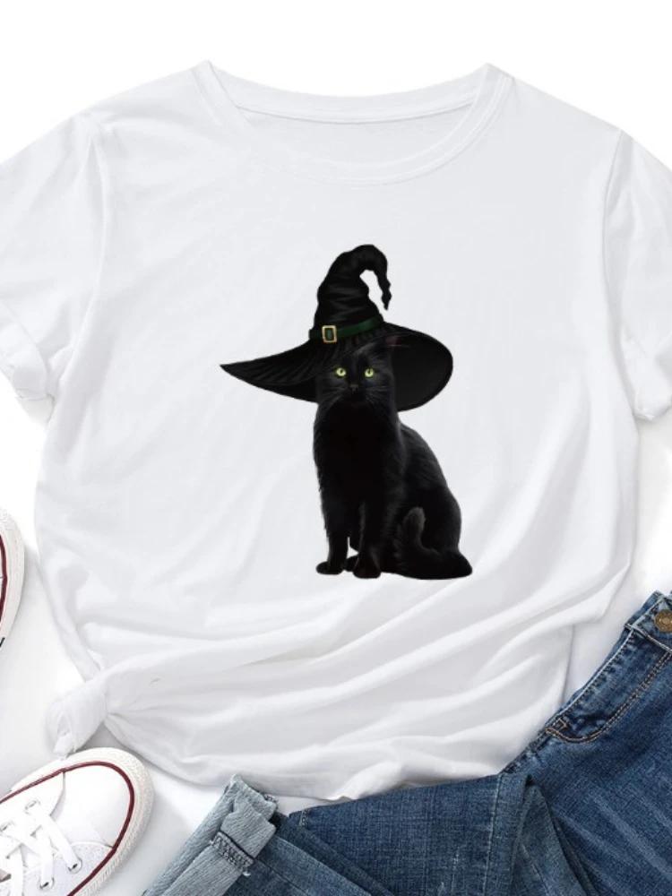 Волшебная шляпа с принтом черного кота женская футболка с коротким рукавом и круглым вырезом свободная футболка женская футболка топы camisetas mujer
