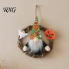 Festive Pumpkin Ornament Halloween Gnome Wreath, Faceless Rattan Rustic Hanging Decoration Door with Ghost for Front Wall Holiday Party Decor Indoor