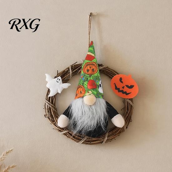 Festive Pumpkin Ornament Halloween Gnome Wreath, Faceless Rattan Rustic Hanging Decoration Door with Ghost for Front Wall Holiday Party Decor Indoor