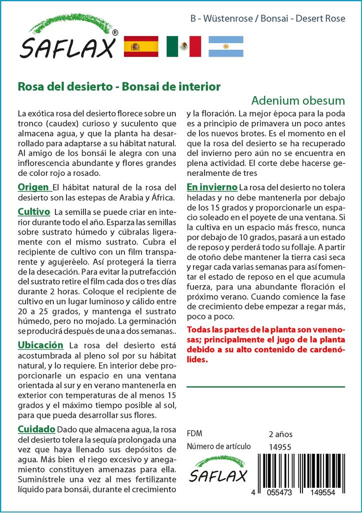 SAFLAX Garden in the Bag - Бонсай - Роза пустыни - 8 семян - С субстратом в подходящем пакете - Adenium obesum