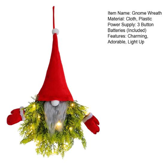 Lighted Gnome Christmas Wreath for Front Door Artificial Pine Spruce Hanging Sign Swedish Tomte Holiday Decor for Indoor Outdoor Porch Window Wall