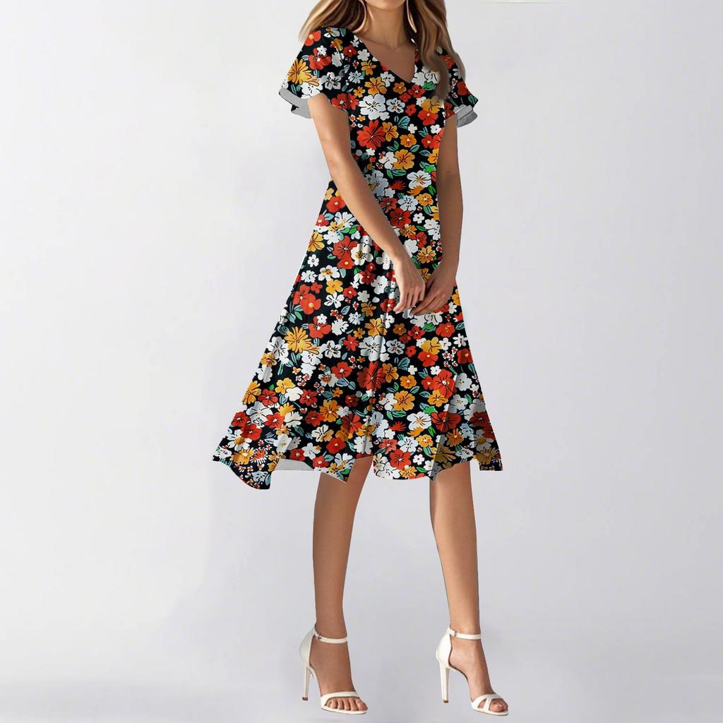 Women's Summer Casual Fashion Flower Print Dress V Neck Short Sleeve Short Skirt
