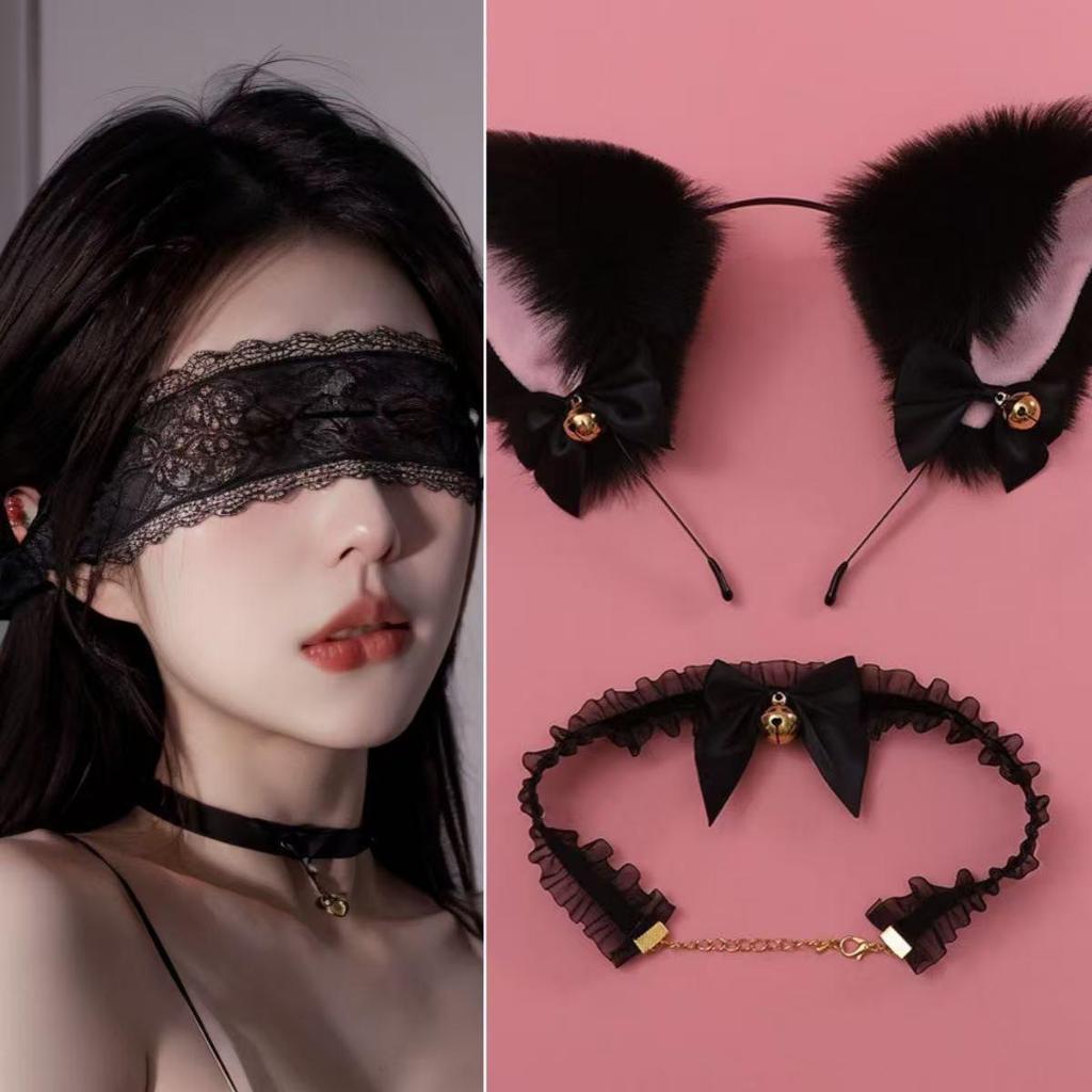 Animal Ear Headband & Lace Eye Mask Set with Bell Choker - Cute Cat, Fox, and Rabbit Ears Hair Accessories