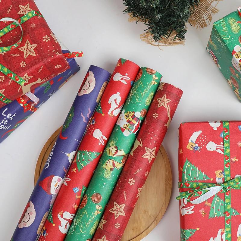 10M/roll Kraft Christmas Wrapping Paper Cartoon Santa Claus Elk Gift Box Packaging Material New Year Xmas Party Diy Decoration