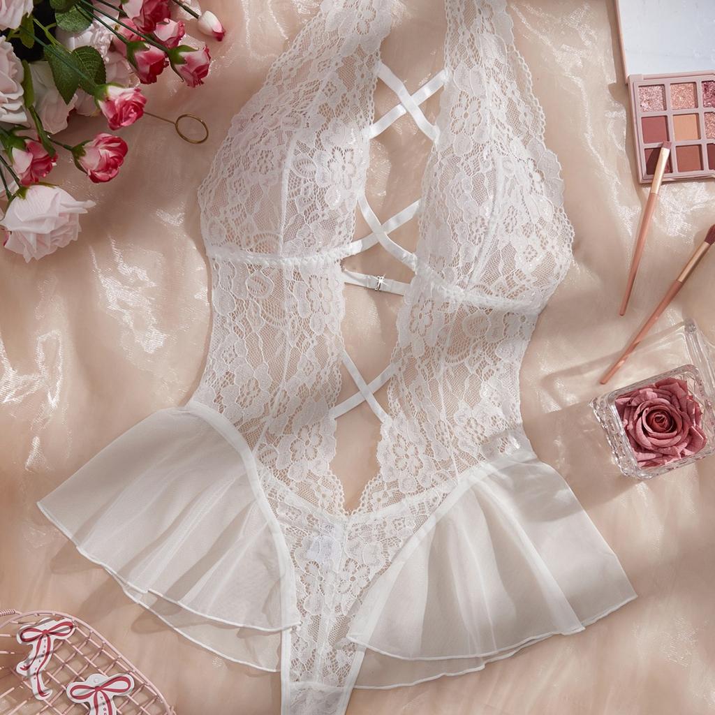 Sexy lingerie Sexy fairy skirt gathering pajamas backless free suspender skirt lace open crotch onesie